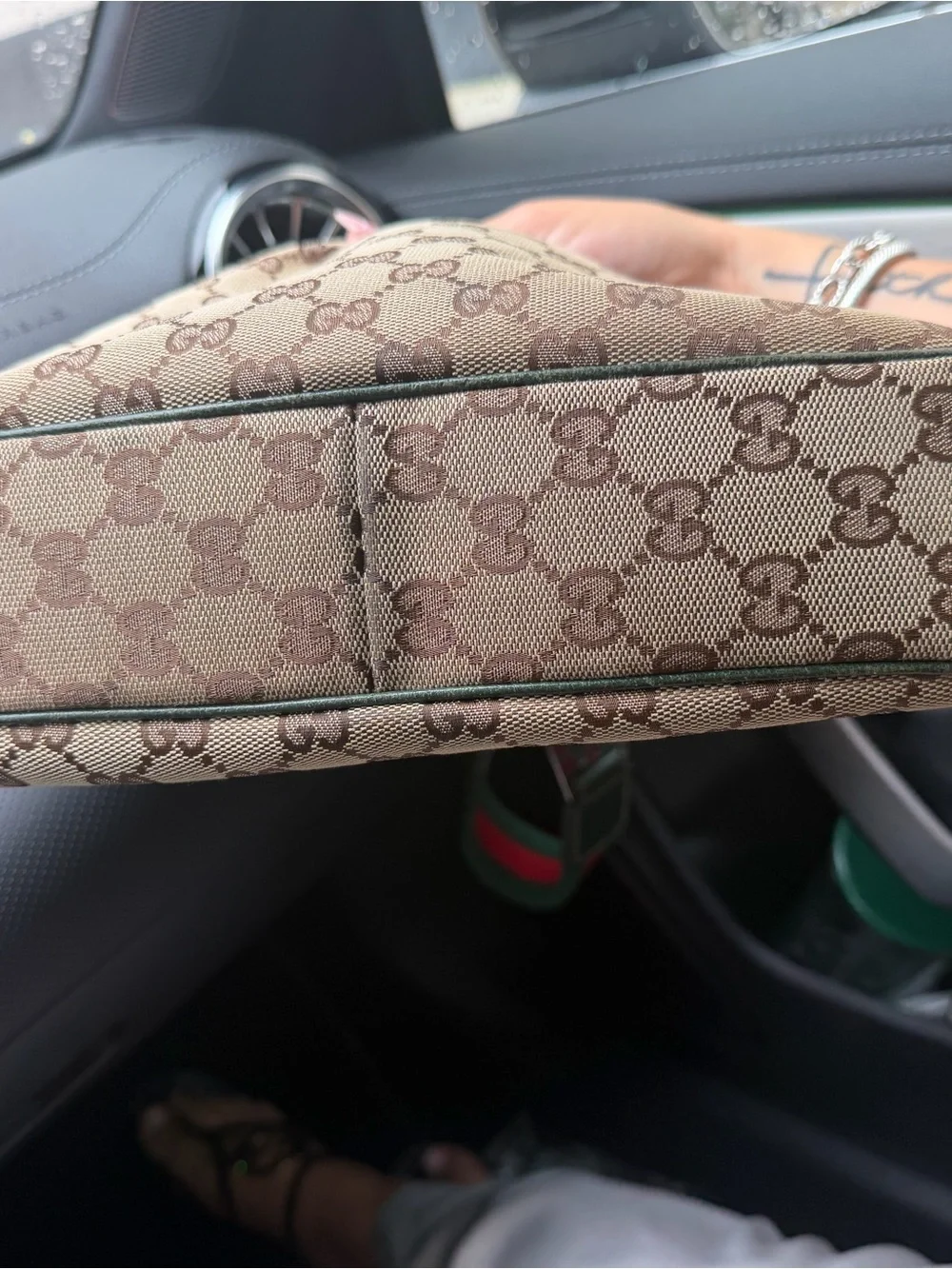 Gucci Beige Monogram Hobo with Green Trim